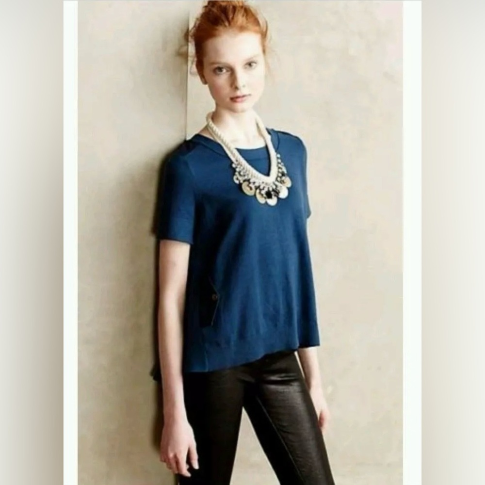 Moth Anthropologie‎ Backstory Pleated Back Top S Dark Blue Hi Low Short Sleeve
